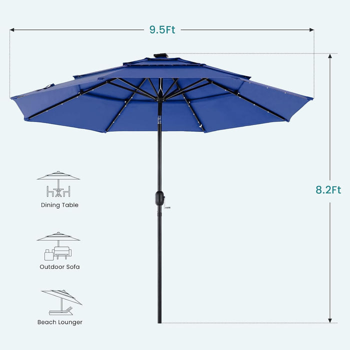 Outdoor Solar Patio Umbrella 3 Tiers with 32 LED Lights, Beach Market Table Umbrella with Crank and 8 Sturdy Ribs for Pool, Terrace, Restaurant