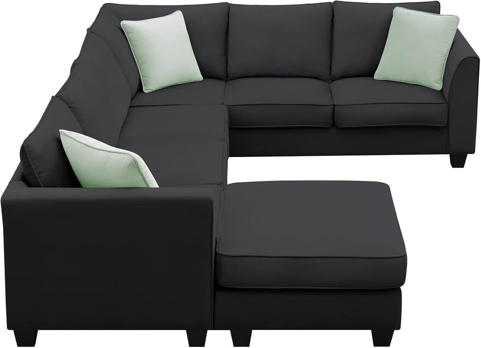 Large U Shaped Sectional Sofa with Removable Ottoman for Living Room, 7 Seats Modular Sofa with Wide Chaise Lounge & 3 Pillows, 112” Fabric Corner Couch Set for Large Space, Black