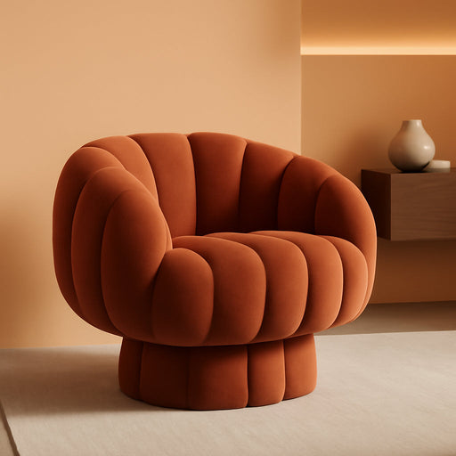 Mid Century Modern 360 Degree Barrel Swivel Accent Sofa Chair,Fluffy Velvet Fabric Lounge Wide Upholstered Pumpkin Reading Chair, round Cloud Armchair for Living Room,Bedroom,Vanity(Burnt Orange)
