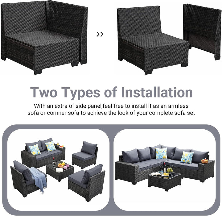 6-Piece Patio Furniture Set, All-Weather Outdoor Wicker Sectional Sofa with Cushions, Glass Table & Left and Right Armrest, Rattan Conversation Seating for Porch, Garden, Backyard,Grey