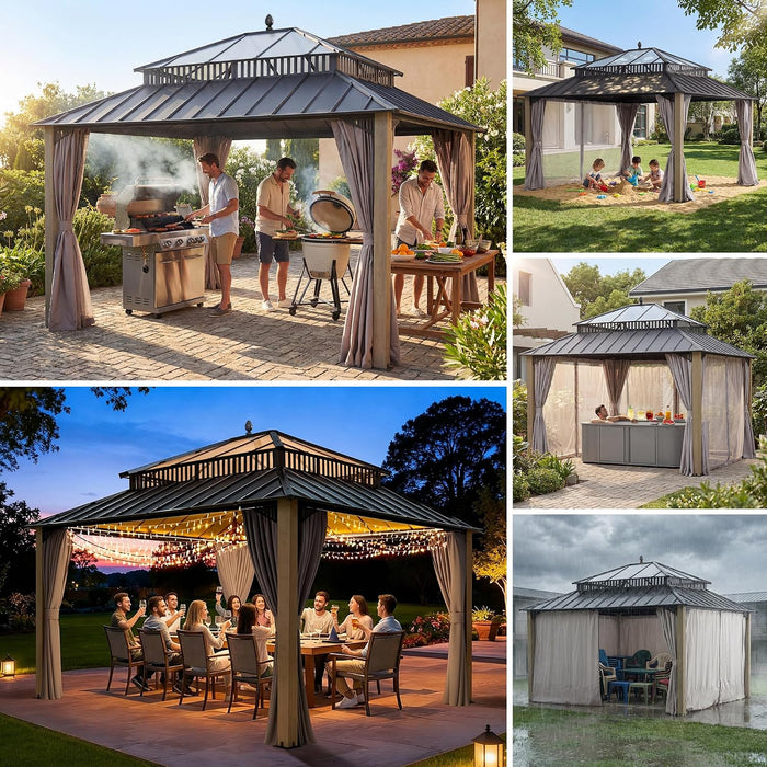 14x12 Hardtop Cedar Wood Gazebo PolycarbonateRoof CurtainsNetting