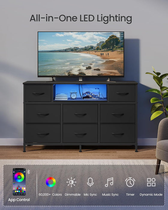 BELLAH Collection - Dresser for Bedroom with Outlets and LED Lights, TV Stand for Tvs up to 55 Inches, Chest of Drawers, 8 Drawers, Steel, Industrial, Modern, Ink Black ULGS433BH02S