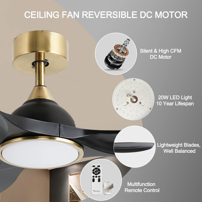 52 Inch Quiet DC Motor 6 Speed High CFM Ceiling Fan with Lights Remote Control, 3 Blade Black Gold Indoor Bedroom Modern Ceiling Fan