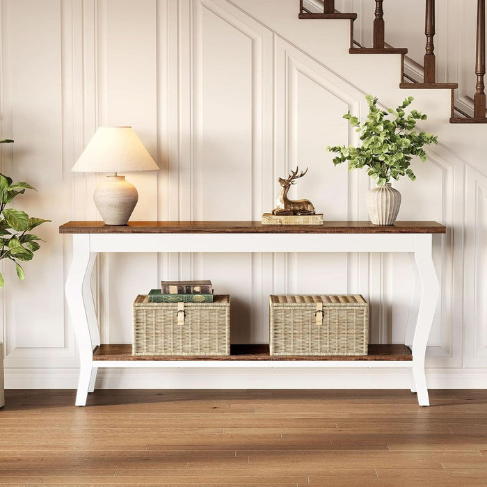 70.9 Inches Long Console Table, 2-Tier Vintage Wooden Sofa Table behind the Couch with Metal Legs for Hallway, Entryway, Living Room, Brown & White
