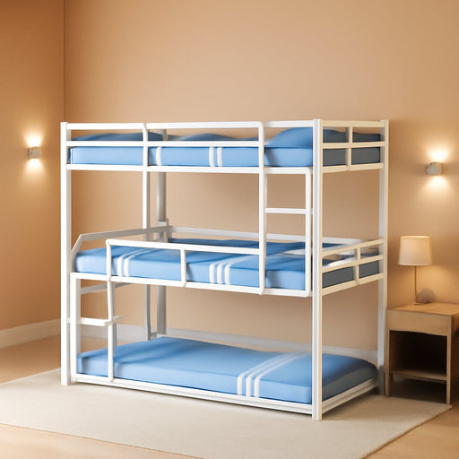 White Triple Bunk Bed Twin over Twin over Twin, Heavy Duty Metal Bunkbed with Full-Length Safety Guardrails, No Box Spring Required, Easy Assembly, Bedroom & Guest Room