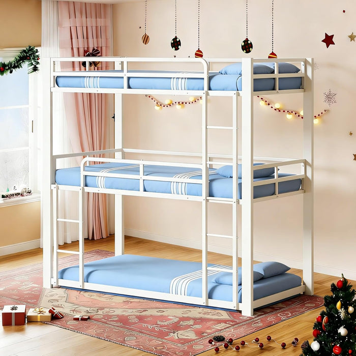White Triple Bunk Bed Twin over Twin over Twin, Heavy Duty Metal Bunkbed with Full-Length Safety Guardrails, No Box Spring Required, Easy Assembly, Bedroom & Guest Room