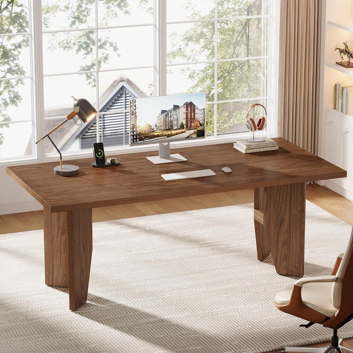 63-Inch Executive Desk, Mid-Century Modern Office Desk with Sturdy Legs, Large Wooden Computer Desk Business Workstation for Home Office, Brown