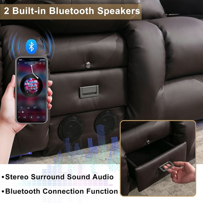 Loveseat Recliner Sofa with Massage and Heat, Power Reclining Loveseat Sofa RV Couch with Console, Home Theater Seating with LED Lights, Bluetooth Speaker, USB, Outlets, Faux Leather, Dark Brown