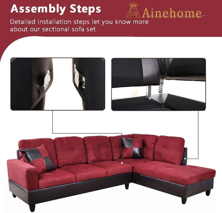 2 Pieces Sectional Sofa Sets, L-Shape Sofa Microfiber Couch Living Room Sofa Set with Chaise Using for Living Room Furniture(A-Red, Right Hand Facing)