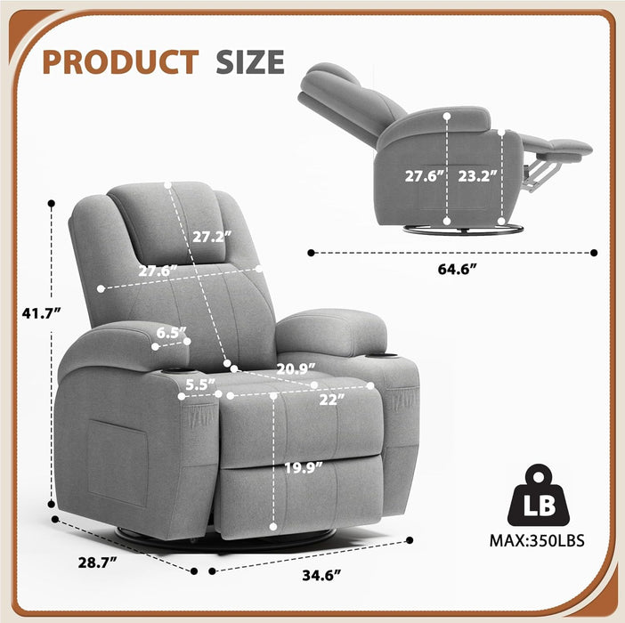 Swivel Rocker Recliner Chair with Vibration Massage, 360° Swivel Recliner Chairs for Adults Ergonomic Lounge Chair with Cup Holders Lazy Boy Recliner Single Sofa Seat (Fabric, Gray)