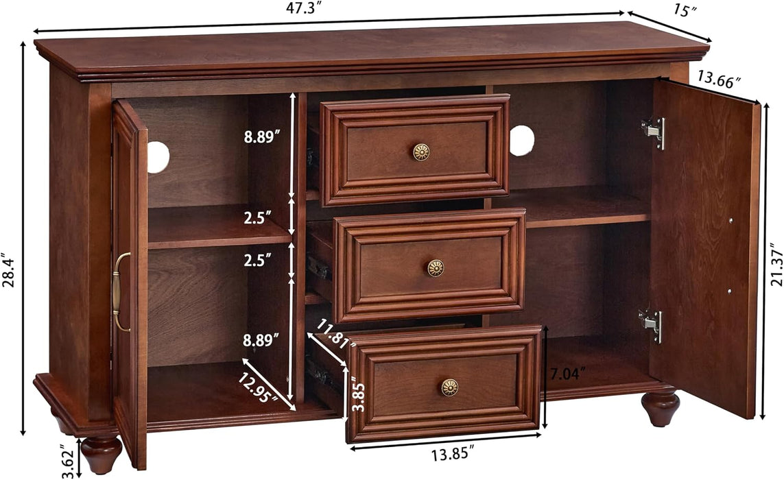 47" Wood Sideboard Buffet Cabinet with Storage,Traditional Media Console with 2 Doors & 3 Drawers,Adjustable Shelves Credenza with Solid Wood Legs for Kitchen,Living Room,Walnut