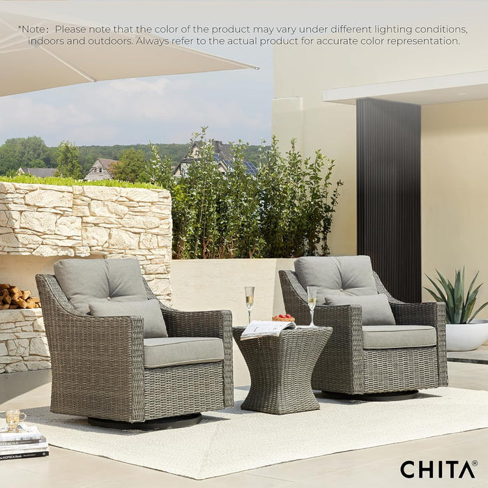 3 Pieces Wicker Patio Bistro Set, Outdoor Furniture Set with 2 Pieces Rattan Rocking Swivel Chairs, Thickened Cushions and Side Table, Brownish Grey Cushions with Grey Wicker