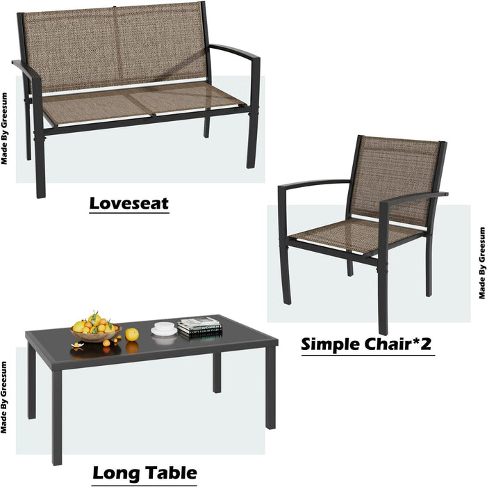 4 Pieces Patio Furniture Set, Outdoor Conversation Sets for Patio, Lawn, Garden, Poolside with a Glass Coffee Table, Brown