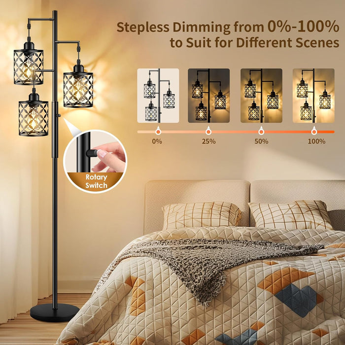 Dimmable Floor Lamp, Farmhouse Standing Lamp with Elegant Metal Cage, Industrial Tall Tree Floor Lamps for Living Room, Bedroom, Study Room, Office, 2000LM LED Bulbs Included - 68", Black