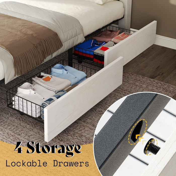Full Size Farmhouse Bed Frame with 4 Drawers, Wooden Storage Bed Frame with Headboard and Heavy Duty Metal Slats, Noisy Free, Easy Assemble, White/Barnwood