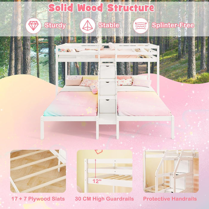 Twin over Twin & Twin Bunk Bed, Triple Bunk Beds with 4-Step Storage Stair, Guardrail & Solid Wood Structure, Wooden 3 Bunk Beds for Kids Teens, No Box Spring Needed, White