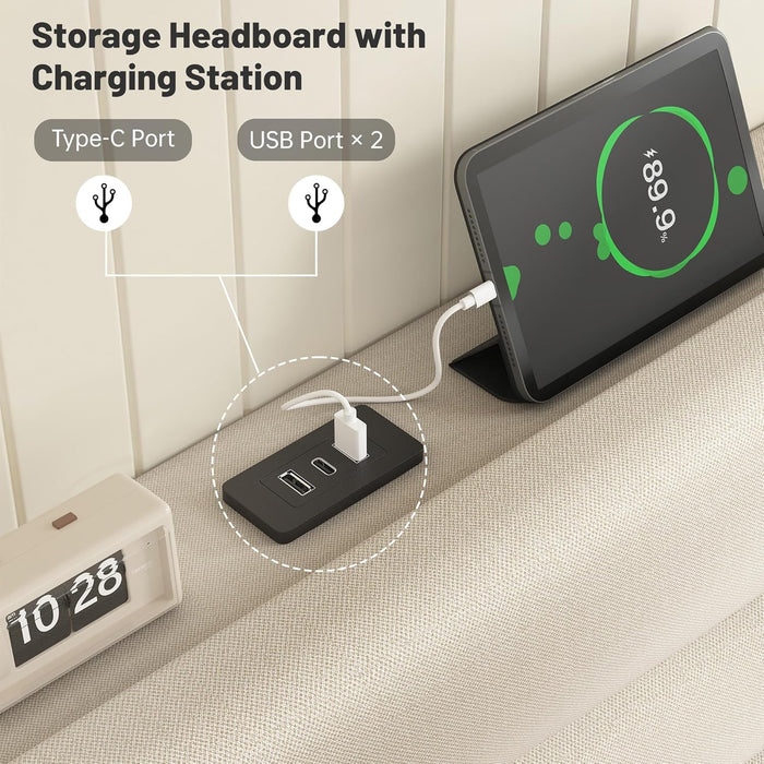 Queen Size Bed Frame, Upholstered Queen Bed Frame with Charging Stations, Storage Headboard Adjustable, Bedroom, Apartment, Dorm, Noise-Free, No Box Springs Needed, Beige