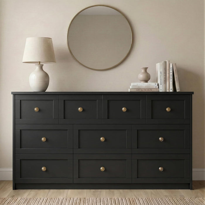 59" Wide Black 10 Drawer Dresser for Bedroom with Gold Metal Handle