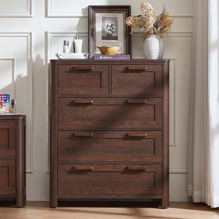 Farmhouse 5 Drawer Dressers for Bedroom, Walnut