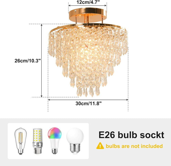 11.8" Crystal Chandelier Gold Crystal Flush Mount Ceiling Light 5 Tiers Raindrops Crystal Pendant Lighting Fixture for Bedroom Hallway Living Room E26 Base