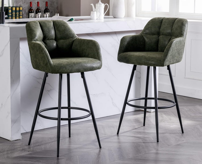 Modern Bar Stools Set of 2 Bar Height Barstools with Back and Arms High Bar Chairs with Metal Footrest Leather Upholstered Island Chairs for Kitchen Counter/Home Bar/Dining Room, Green