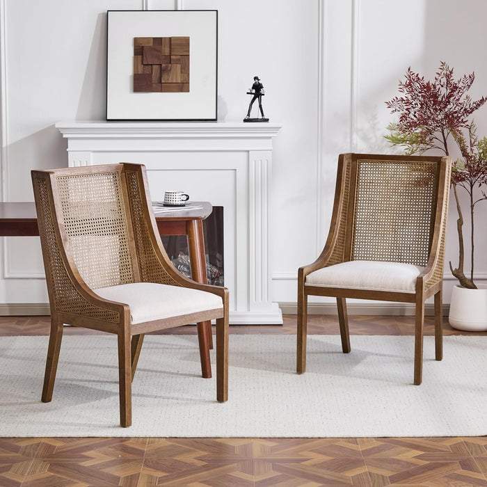 Yone Dining Chairs Set of 2, Modern Dining Chair with Fabric Upholstery, Rubberwood Frame Kitchen Chairs with Cane Webbing, Extra Seat for Dining Room, Beige + Brown
