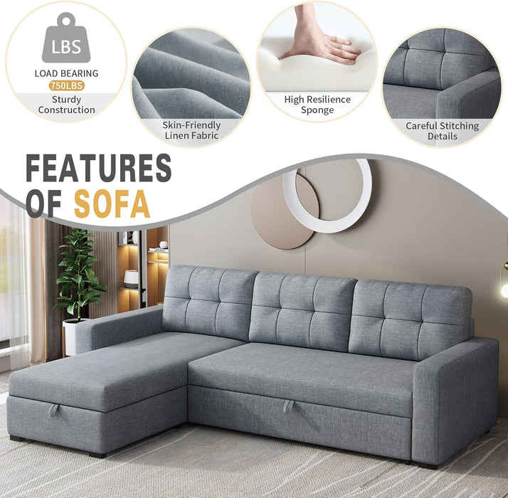 Light Grey Sectional Sofa Bed L-Shaped, 81.5", Storage