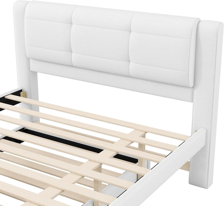 Full Size Upholstery Platform Bed with Trundle,Trundle Can Be Flat or Erected, Modern Bed Frame with Linen Headboard for Kids, Adults, No Box Spring Needed, Beige