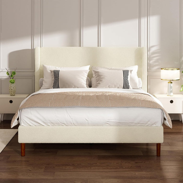 Queen Bed Frame, Boucle Upholstered Platform Bed with Iron & Wood, Beige