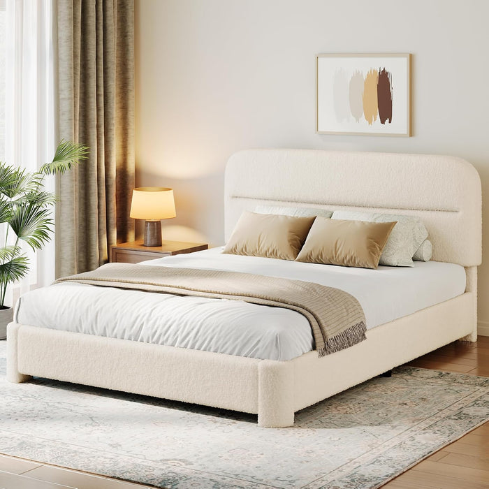 Queen Upholstered Bed Frame, Beige Cloud Boucle Bed with Headboard