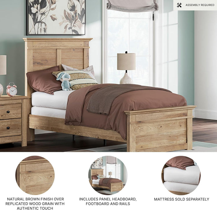 Signature Design by Ashley Fenderport Twin Bed Frame with Panel Headboard and Footboard, Cottage Bedroom Style for Kids and Guest Rooms, Natural Brown