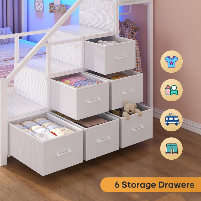 Bunk Bed Full over Full with Stairs, LED Lights Full Bunk Beds with 2 Storage Drawers & 6 Fabric Drawers, Metal Full Loft Beds with Safety Guardrail & Stairs, Space Saving, White