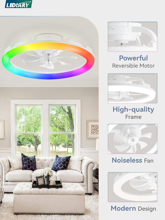 RGB Low Profile Ceiling Fans with Lights and Remote, 20 Inch Dimmable Modern Ceiling Fan(3000K-6000K), 6 Speed, Reversible, APP & Remote Control, Flush Mount Fan Light, White RGB Ceiling Fans