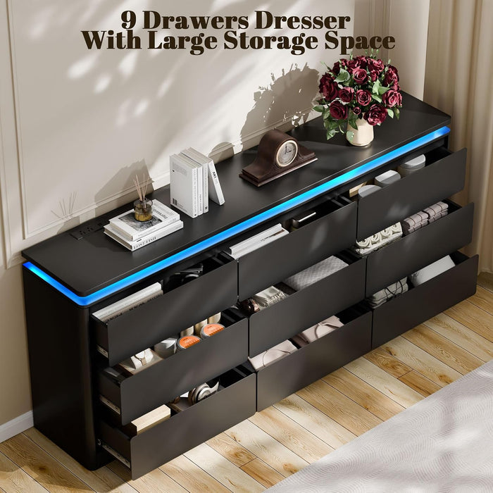 9 Drawer Dresser for Bedroom, 63" Long Black Chest of Drawers W/Led Lights