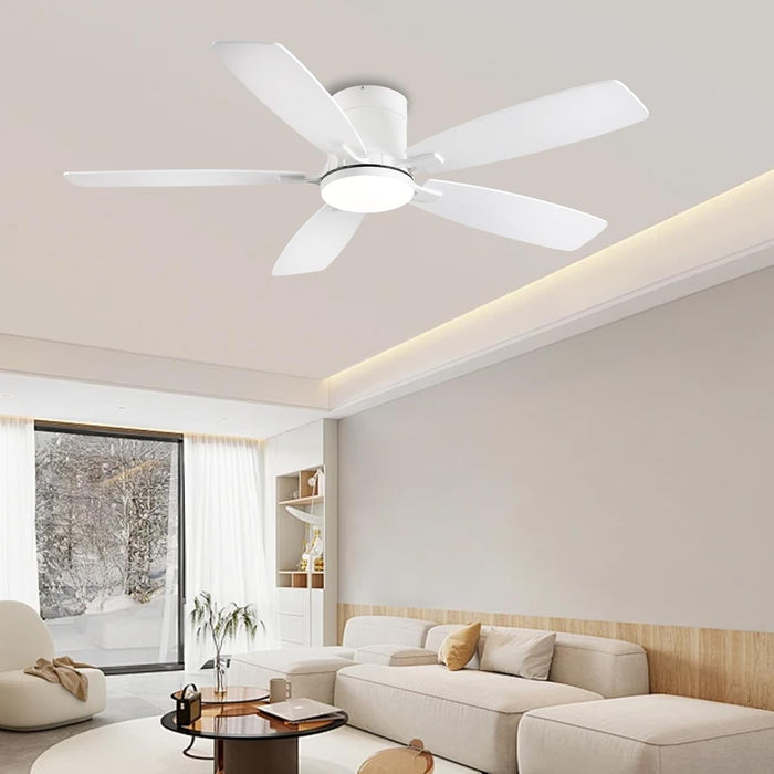 Ceiling Fans with Lights, 52 Inch Low Profile Ceiling Fan with Light and Remote Control, Flush Mount, Reversible Motor, Dimmable, Noiseless, White Ceiling Fan for Bedroom, Indoor/Outdoor Use