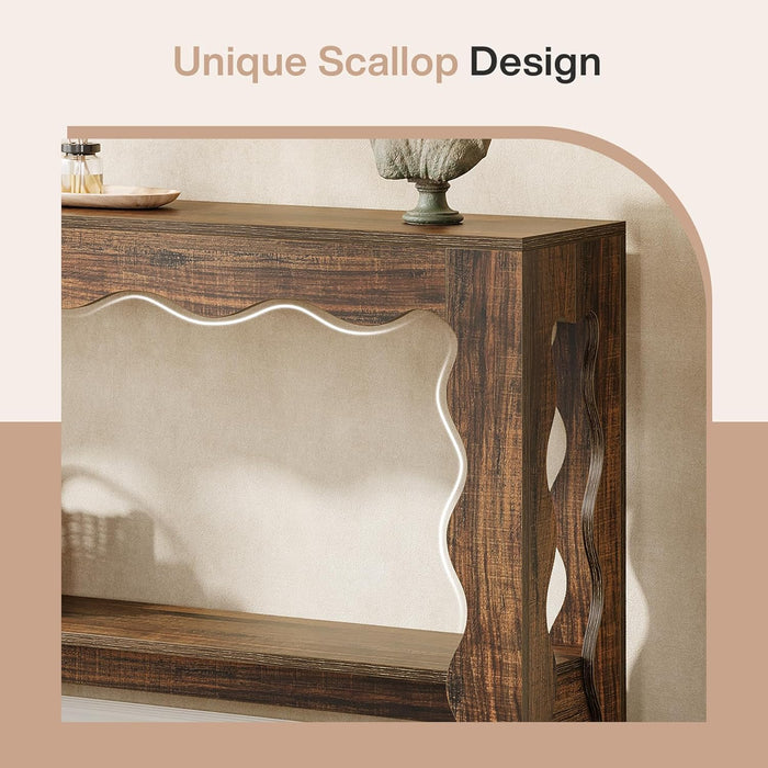 63 Inch Entryway Table, Modern Rustic Entry Table with Scalloped Edge & Storage Shelf, Accent Narrow Long Sofa Table behind Couch Console Tables for Entryway, Living Room, Dark Brown
