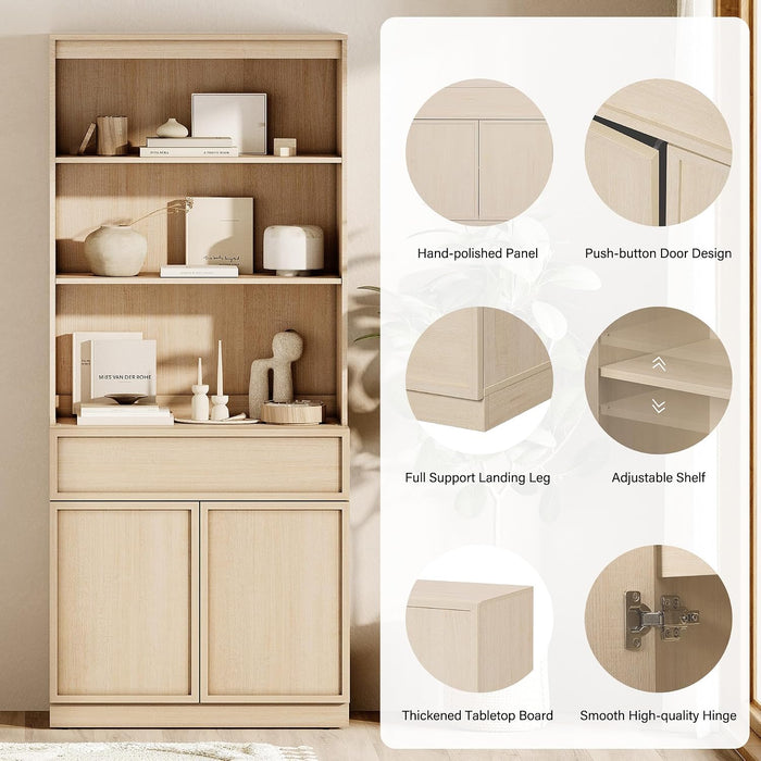 Modern 72" Tall Bookshelf with Doors, Drawers & Adjustable Shelves, Library Bookcase with Storage Cabinet and Open Shelving, Wood Bookcase for Home Office, Living Room, Beige, 1 PC