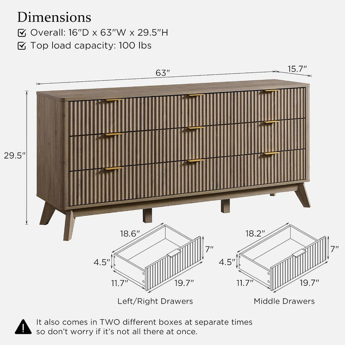 63" Wide Fluted 9 Drawer Dresser for Bedroom, Grey Alder