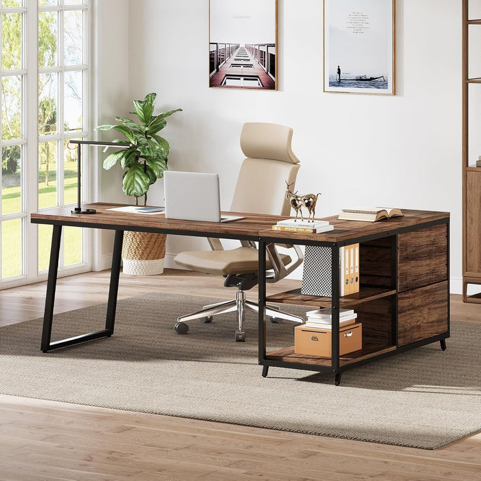 53" L Shaped Office Desk, Reversible Corner Computer Desk with 3 File Drawers and 2 Storage Shelves for Home Office, Study, Gaming Room (Brown)