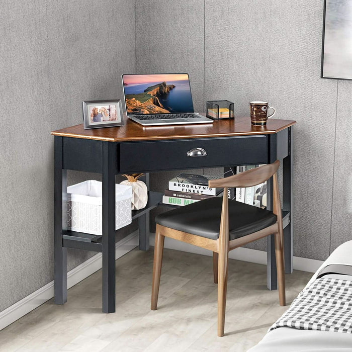 Corner Desk, Writing Corner Computer Table with Drawer for Small Space, Wood Makeup Vanity Desk, Small Corner Desk with Shelves, Office Study Workstation (Brown)