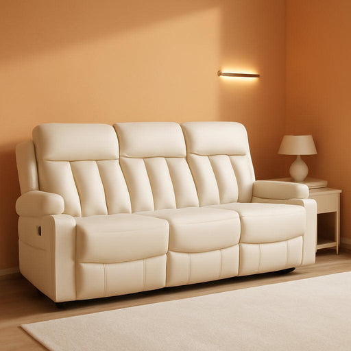 Power Reclining Sofa with Heat and Vibration,Usb Ports, Cup Holders,3-Seat Dual Recliner Sofa for Living Room 6077(Cream White, Reclining Sofa)