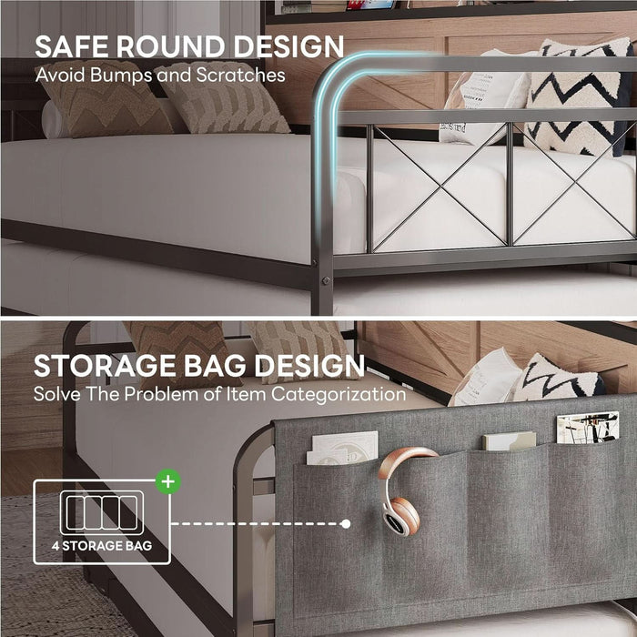 Twin Daybed with Trundle Bed, Storage Headboard with Charging Station, Sofa Day Bed with Strong Supports for Living Room, Bedroom, and Guest Room, Wood Color
