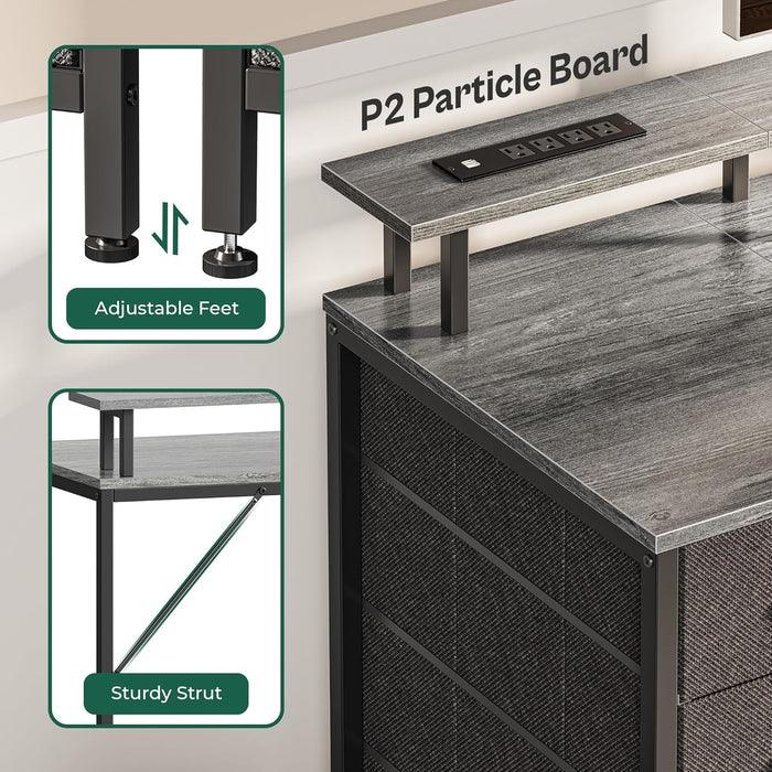 47 Inch Computer Desk with Power Outlets and LED Lights, Gaming Desk with 4 Drawers, Office Desk with Monitor Stand, Study Desk Work Desk for Home Office, Small Spaces, Gray