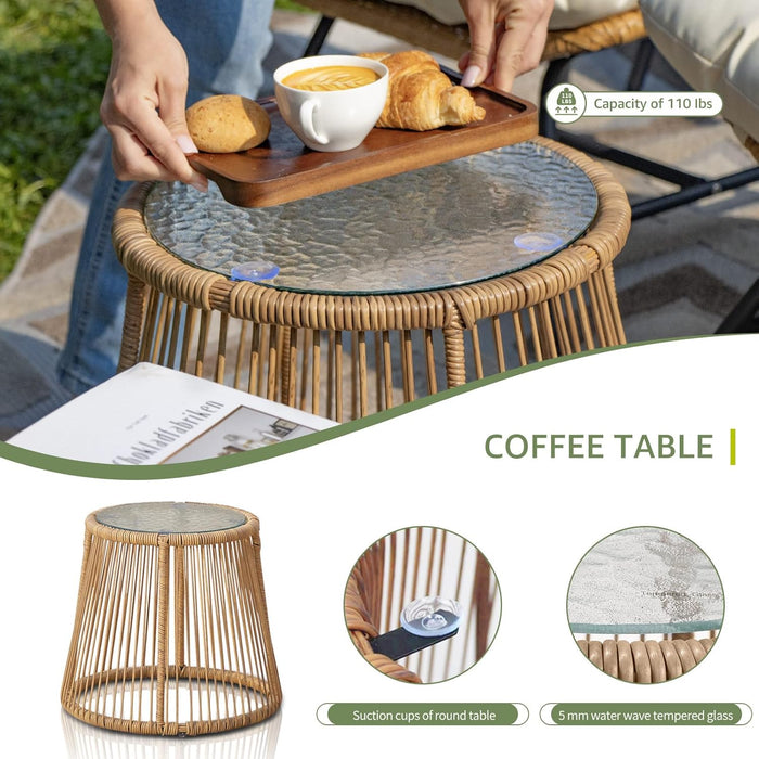 Set of 3 Boho Outdoor Patio Furniture Sets with round Tempered Glass Table, Small Size Wicker Conversation Sectional Chair Sets for Backyard, Porch, Deck, Garden, Balcony