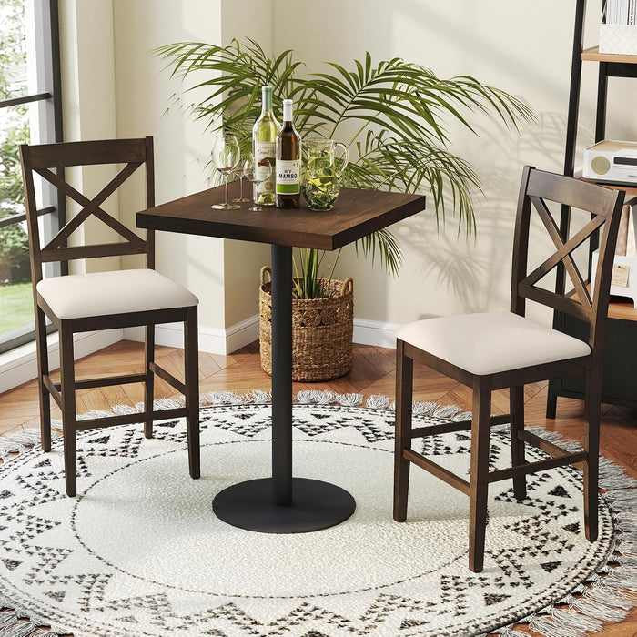 24" Farmhouse Bar Stools Set of 2, Cross Back Counter Height Chairs with Padded Linen Upholstered Seat & Footrest, Wooden Barstools for Kitchen Island, Dining Room, Cafe, Dark Brown & Cream