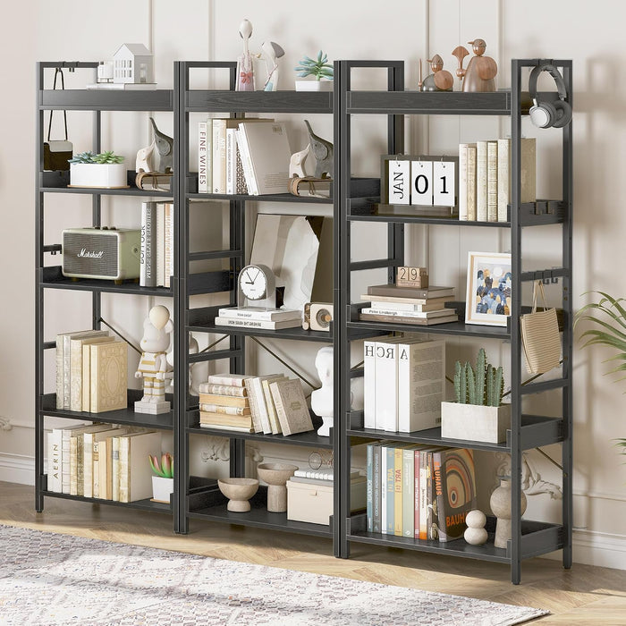 5 Tier Bookshelf, Adjustable Industrial Bookcase, Vertical Tall Book Shelf, Wood and Black Metal Open Bookshelves for Home Office, Living Room, Bedroom