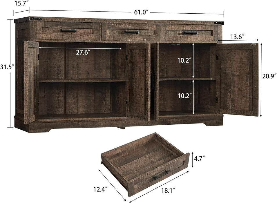 Buffet Cabinet, 61” Large Sideboard Buffet Storage Cabinet with 3 Drawers, Farmhouse Coffee Bar with 4 Doors, Buffet Table for Kitchen, Living Room, Antique Oak