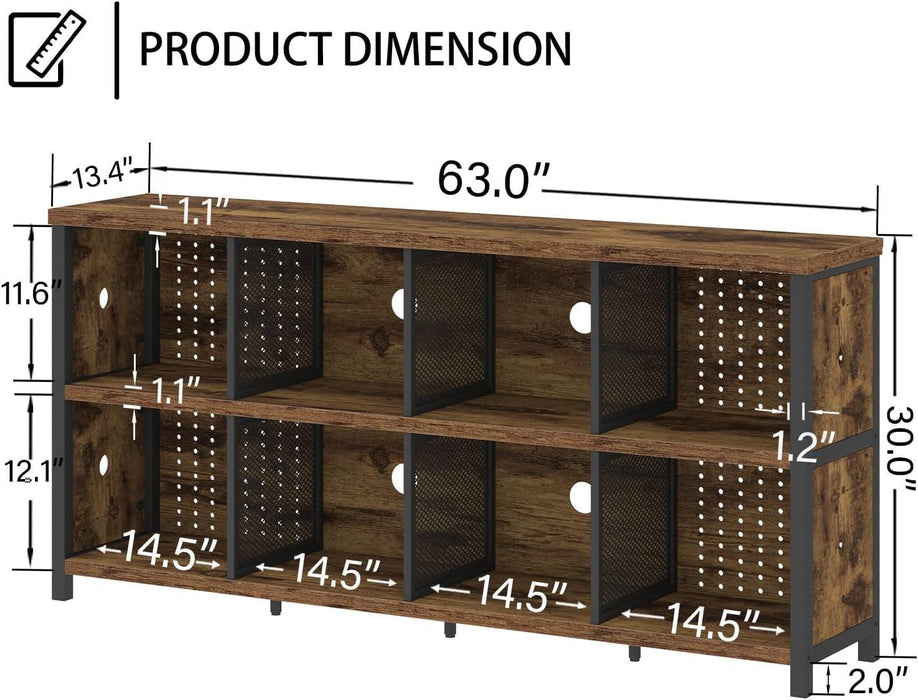 Rustic Horizontal Bookshelf, Industrial Bookcase Cube Storage Organizer, Wide Large Metal Wooden Office Cube Shelf, Farmhouse Low Long Book Shelf for Home Bedroom Living Room, Rustic Brown, 63 In