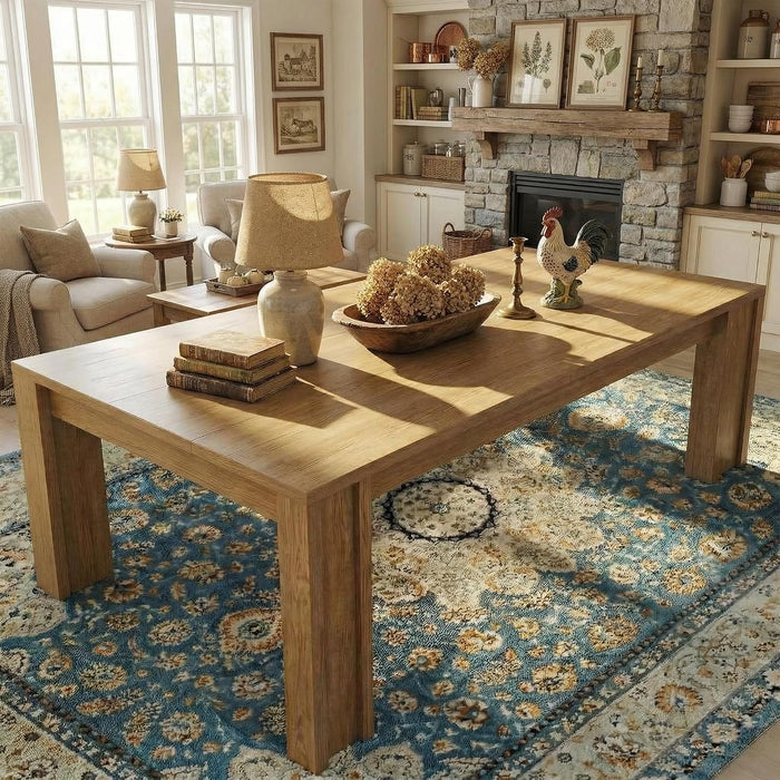 71" Long Dining Table for 6-8, Farmhouse Rectangular Wood Kitchen Table with Wide H-Legs & Thick Top, Sturdy Wood Strip Frame, Dining Room Table for Dinner, Apartment, Kitchen, Natural