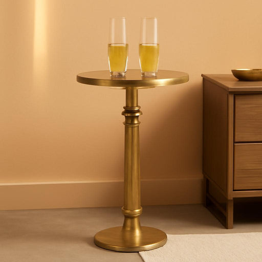 Small round Gold Side Table by Objet D’Art, Accent, End, Pedestal, Martini, Cocktail and Drink Table for Living Room and Small Spaces, Petra Vintage Metal Brass Style Decor, 21” Height